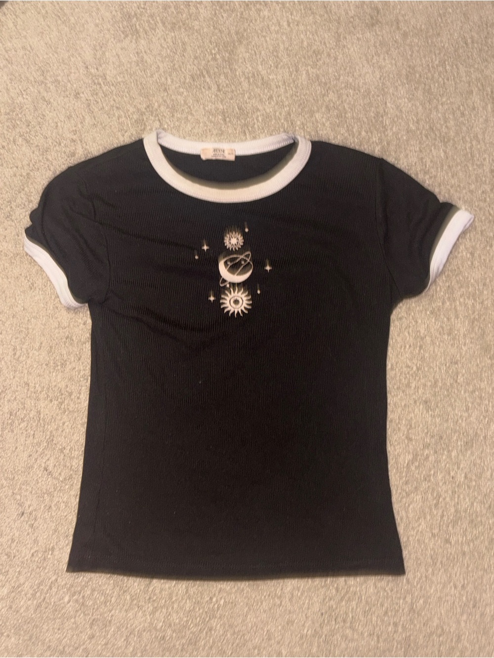 Ardene Black Ringer Tee with White Trim and Sun & Moon Graphic